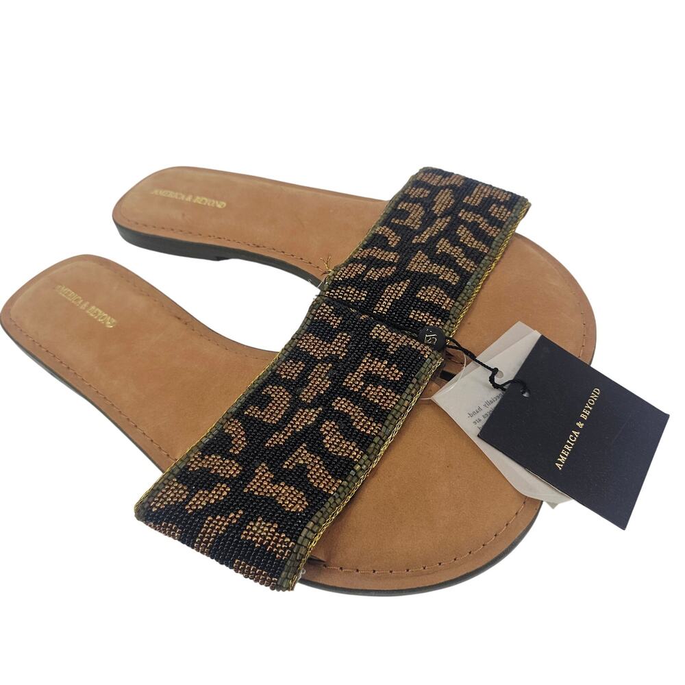 America & Beyond Beaded Leopard Animal Print Slip-on Sandal Women's 41 10 Boho